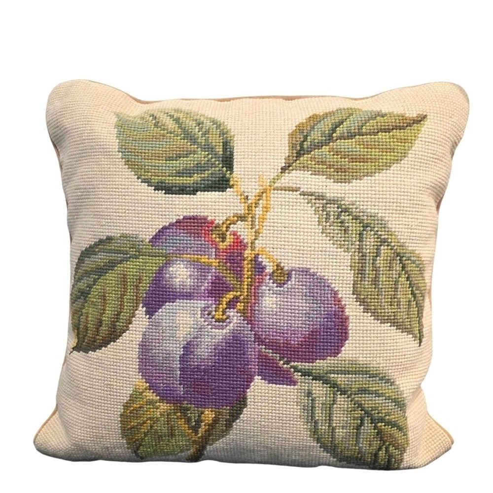 Vintage Needlepoint Throw Pillow‎ Zippable Cover Botanical Art Velvet Back Cover